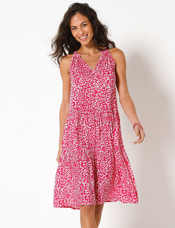 Robe &agrave; volants imprim&eacute; l&eacute;opard emmanchures am&eacute;ricaines, cr&eacute;pon (rose / blanc)