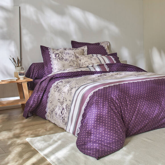 Linge de lit Gabrielle imprim&eacute; pois-fleurs-dentelle - flanelle 150 g/m&sup2; (prune)