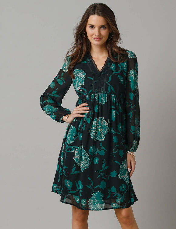 Robe évasée en voile fleuri, col V en dentelle (noir / vert)
