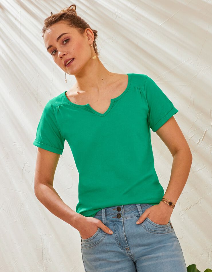 Tee-shirt col tunisien uni coton bio (vert) Tee-shirt col tunisien uni coton bio (vert)