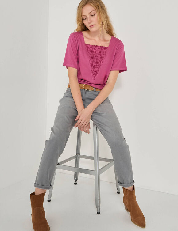 T-shirt boite brodé, manches courtes amples (figue)