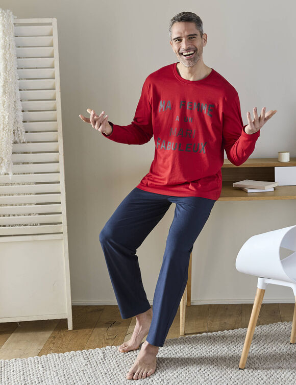 Pyjama pantalon manches longues, imprimé "fabuleux" (rouge / marine)