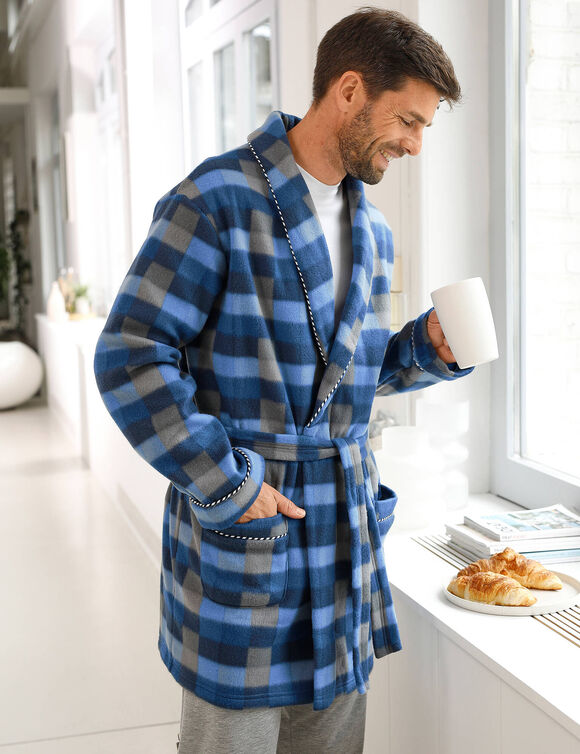 Robe de chambre courte maille polaire (carreaux bleu)