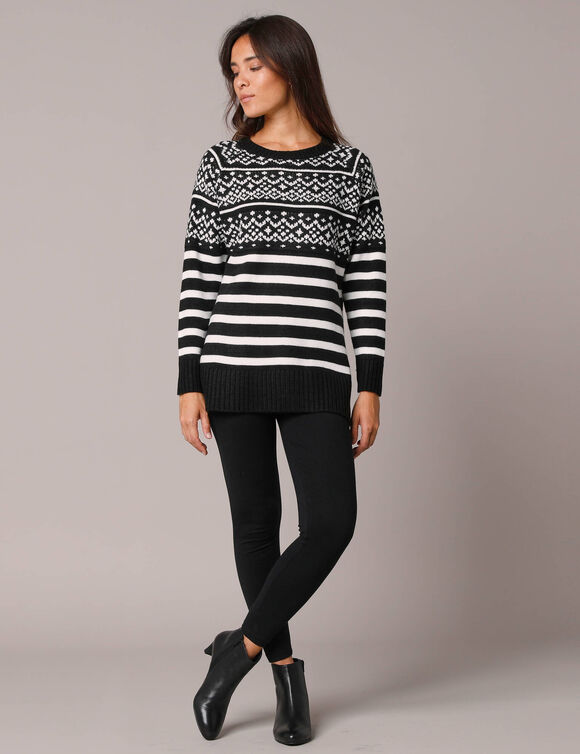 Pull tunique rayé - motif jacquard (noir / blanc)