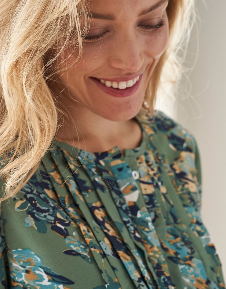 Blouse à plis imprimé fleuri, crêpe (vert) Blouse à plis imprimé fleuri, crêpe (vert)