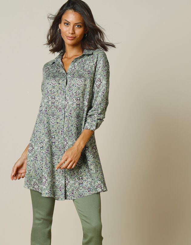 Tunique longue col chemise, imprimé cachemire (tilleul)
