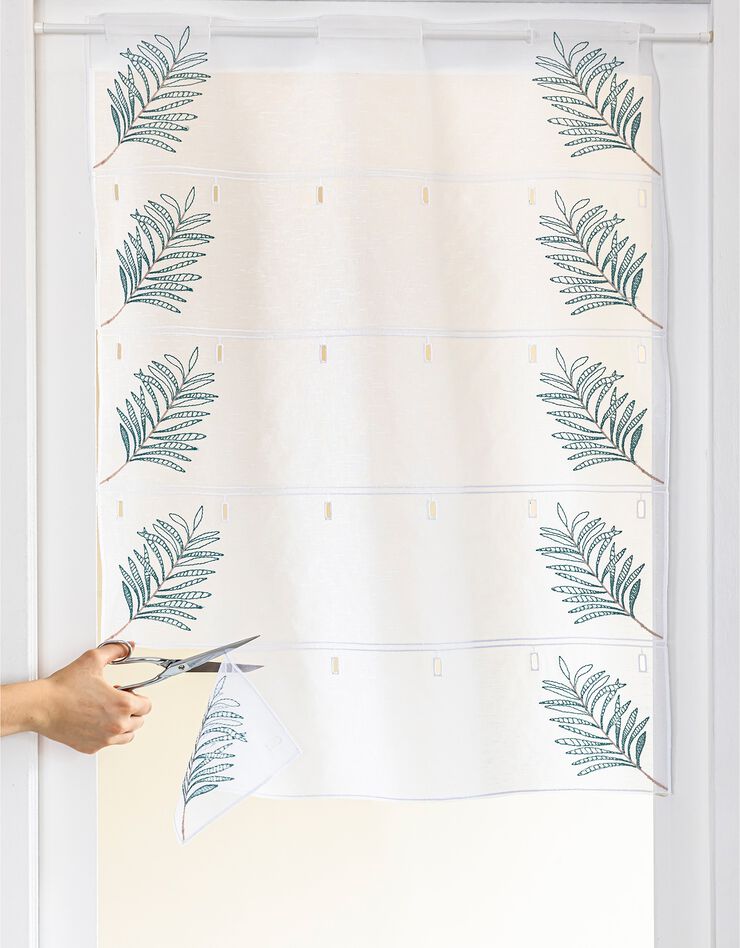 Voilage modulable en hauteur broderie feuilles de palmier (blanc / vert)