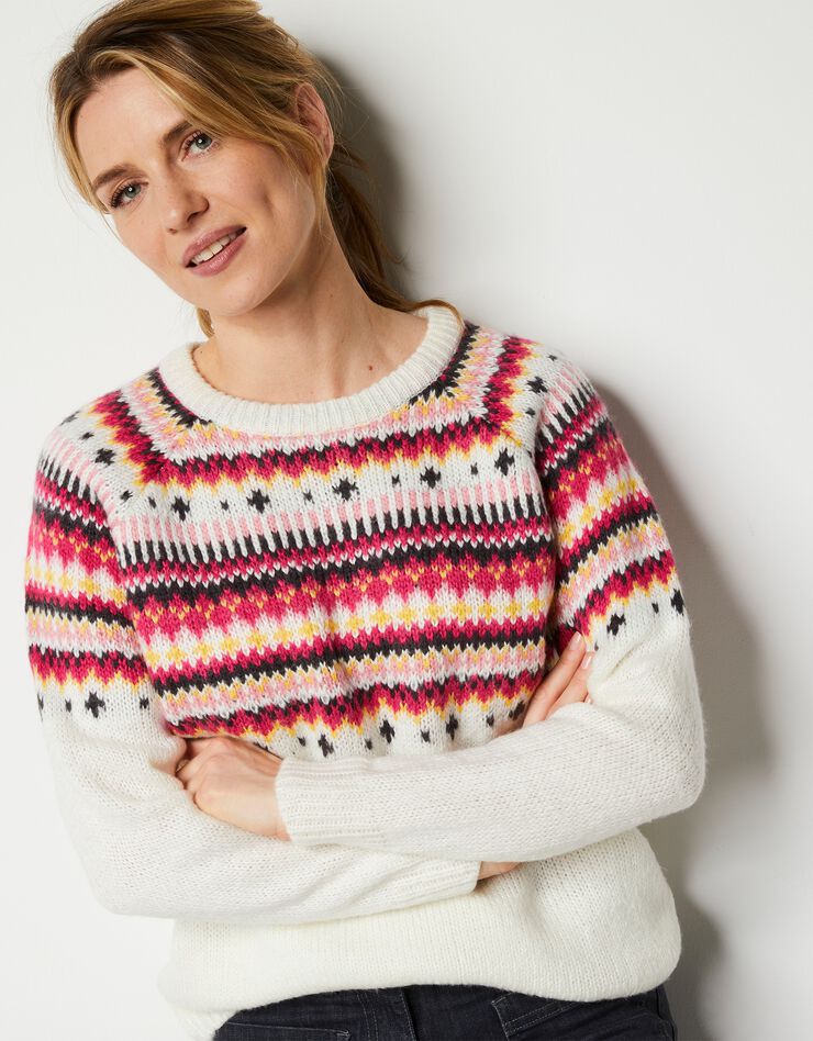 Pull col rond motif jacquard, toucher mohair (écru / rose) Pull col rond motif jacquard, toucher mohair (écru / rose)