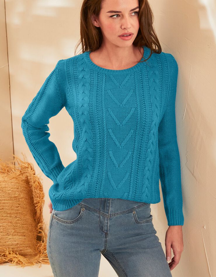 Pull femme col rond torsadé toucher cachemire, manches longues (bleu) Pull femme col rond torsadé toucher cachemire, manches longues (bleu)