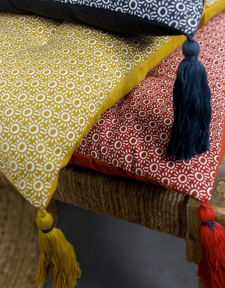 Coussin de sol imprimé finition pompons - coton (ocre) Coussin de sol imprimé finition pompons - coton (ocre)