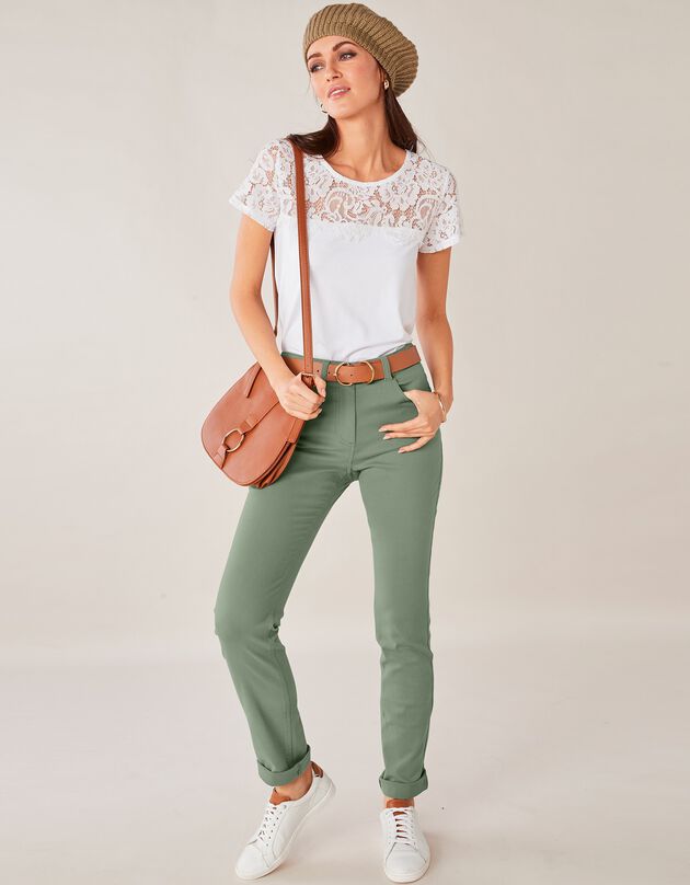 Pantalon droit stretch uni (vert grisé)
