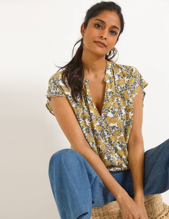 Blouse col tunisien sans manches, cr&eacute;pon (&eacute;cru / jaune)