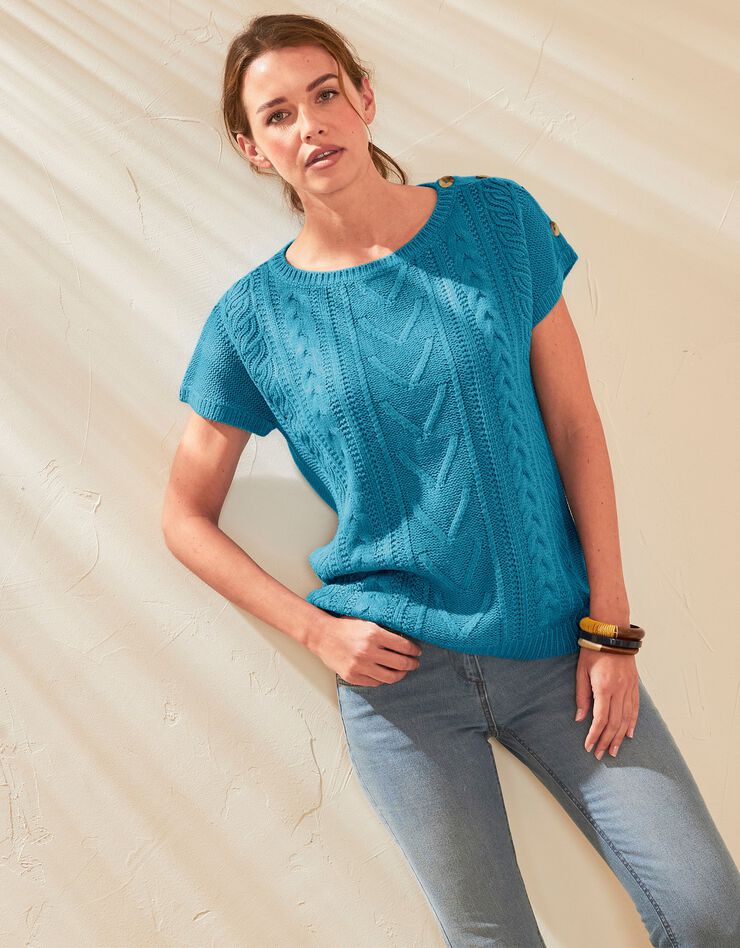 Pull torsadé toucher cachemire, manches courtes (bleu) Pull torsadé toucher cachemire, manches courtes (bleu)