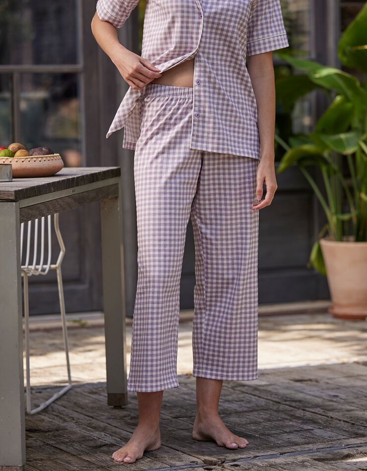 Pyjama pantalon court imprimé carreaux - col tailleur (parme)