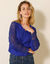Blouse macramé col V manches longues, crêpe fluide (bleu dur)