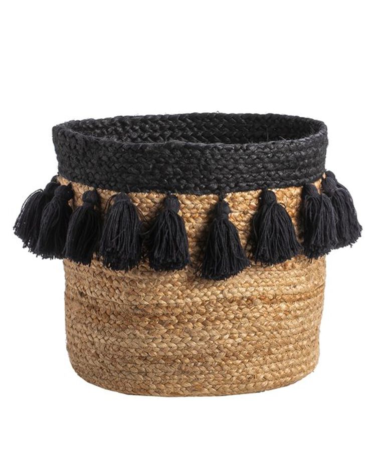 Panier rond jute pompons noirs (jute/noir)