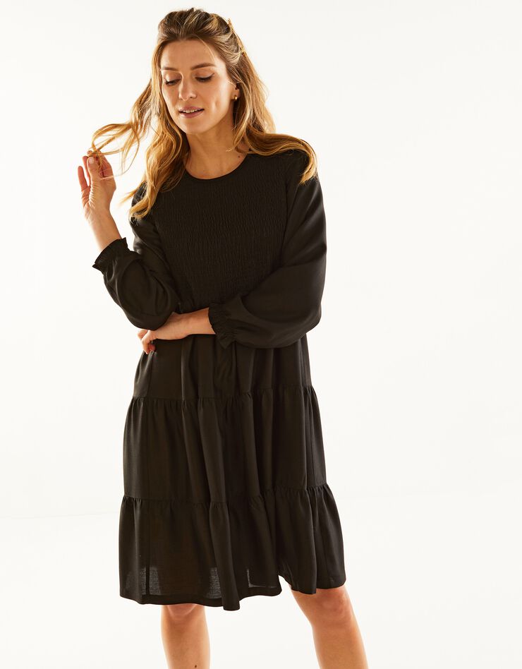Robe smockée manches longues unie (noir) Robe smockée manches longues unie (noir)
