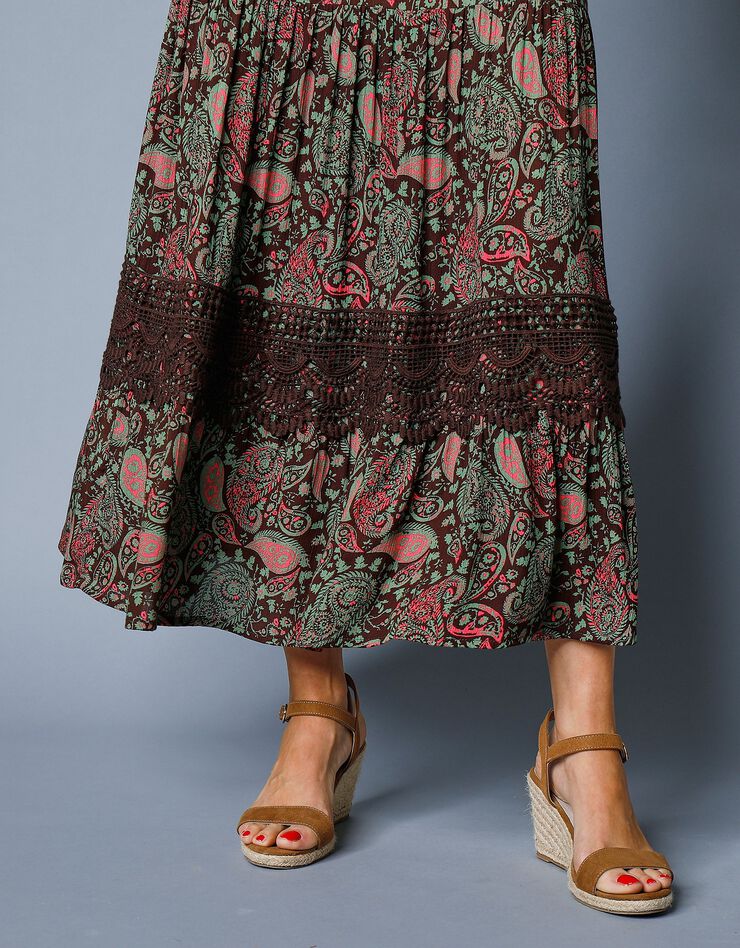 Robe longue imprimée manches 3/4 fendues (chocolat / vert)