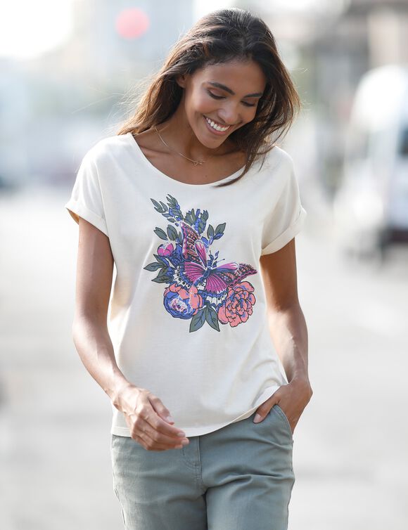T-shirt imprimé placé, col rond (écru / kaki)
