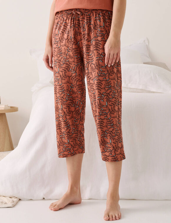 Pantacourt pyjama coton imprim&eacute; "feuillage" avec lien &agrave; nouer (terracotta)