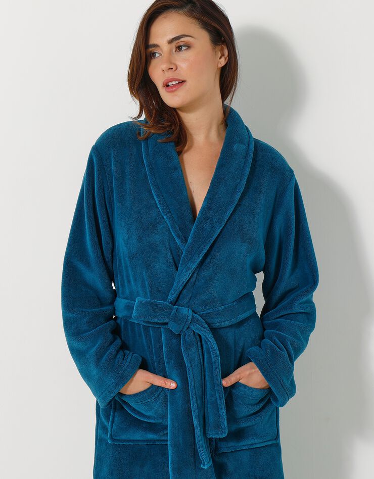 Peignoir mixte adulte col châle, microfibre toucher peluche (bleu paon)