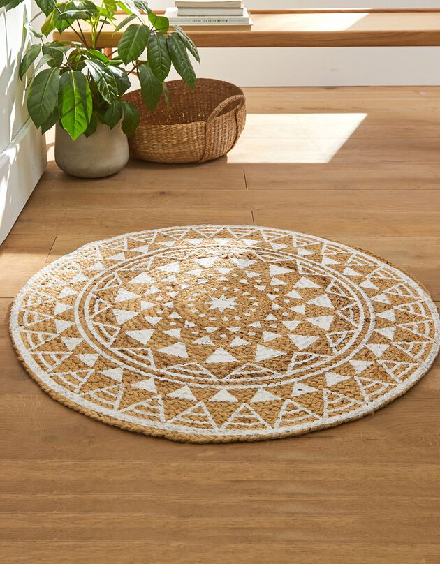 Tapis rond en jute imprimé blanc (imprimé)