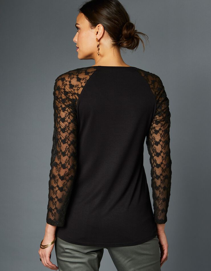 Tee-shirt résille brodée manches 3/4 (noir) Tee-shirt résille brodée manches 3/4 (noir)
