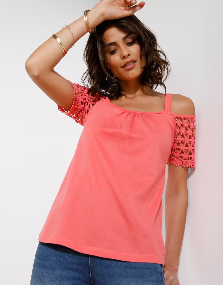 Tee-shirt macramé épaules dénudées (corail) Tee-shirt macramé épaules dénudées (corail)