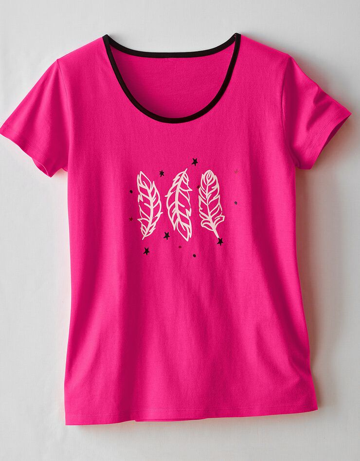 Tee-shirt pyjama manches courtes imprimé "plumes" (fuchsia) Tee-shirt pyjama manches courtes imprimé "plumes" (fuchsia)