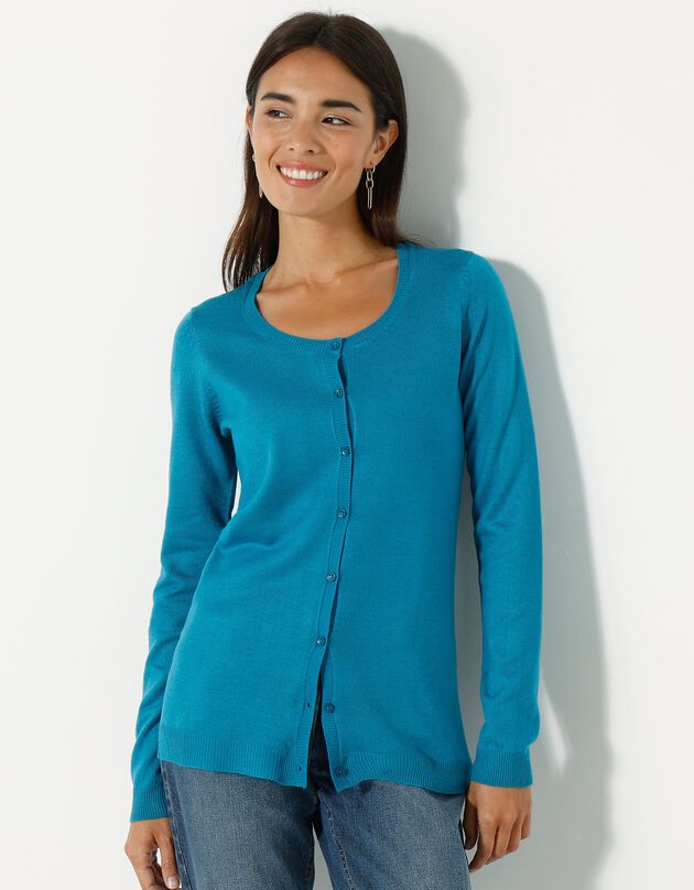 Cardigan boutonné col rond uni toucher cachemire (bleu prusse)