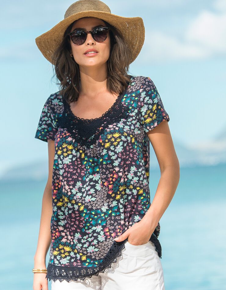 Tee-shirt macramé imprimé fleuri (marine / turquoise) Tee-shirt macramé imprimé fleuri (marine / turquoise)