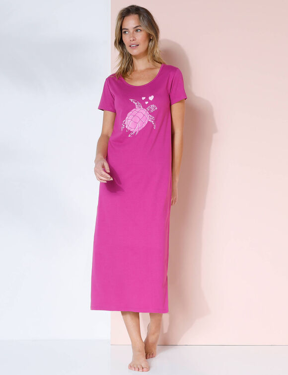 Chemise de nuit longue coton – imprimé "tortue" (framboise)