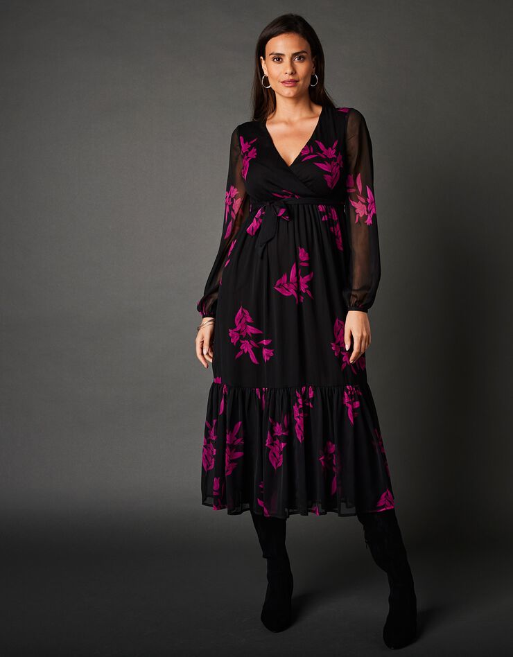 Robe longue voile imprimé fleurs (noir / violine)