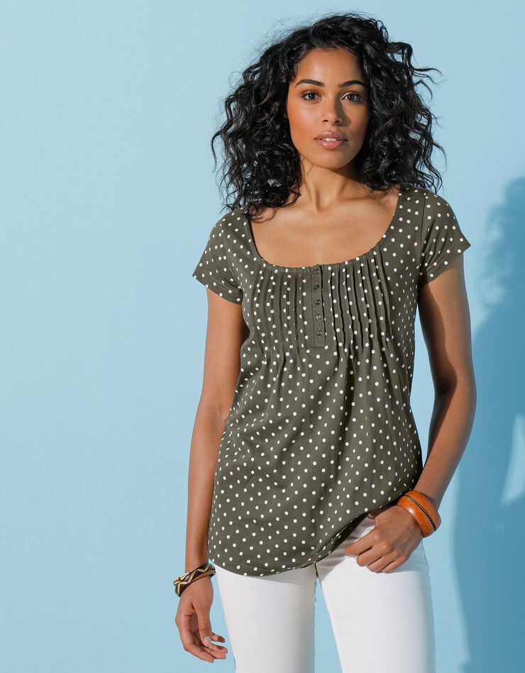 Tee-shirt imprimé pois manches courtes (kaki) Tee-shirt imprimé pois manches courtes (kaki)