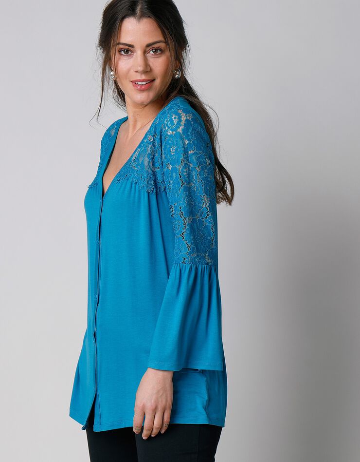 Tee-shirt boutonné manches 3/4 dentelle (bleu prusse) Tee-shirt boutonné manches 3/4 dentelle (bleu prusse)