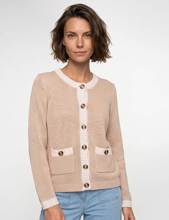 Cardigan bicolore boutonn&eacute; &agrave; poches (beige / &eacute;cru)