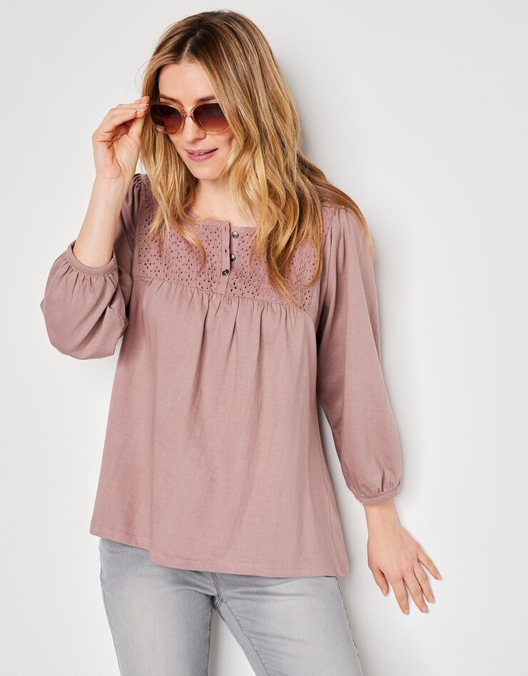 Tee-shirt manches 3/4, empiècement broderie anglaise (taupe) Tee-shirt manches 3/4, empiècement broderie anglaise (taupe)