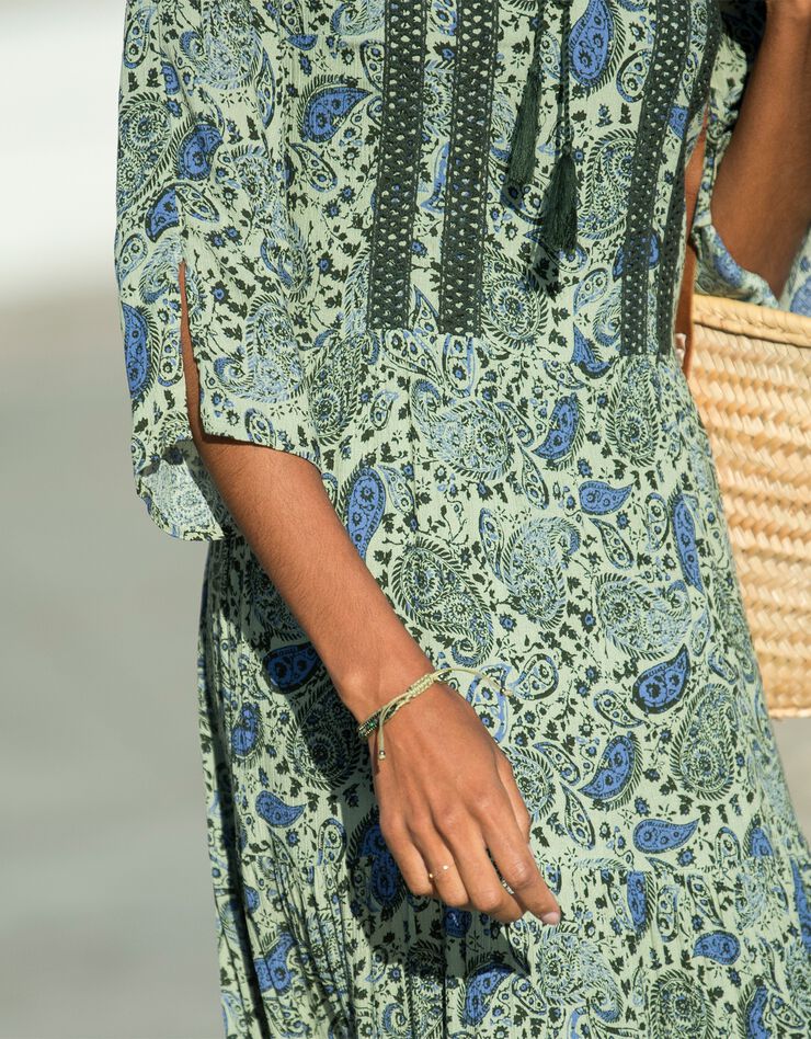 Robe longue imprimée manches 3/4 fendues (kaki / bleu)