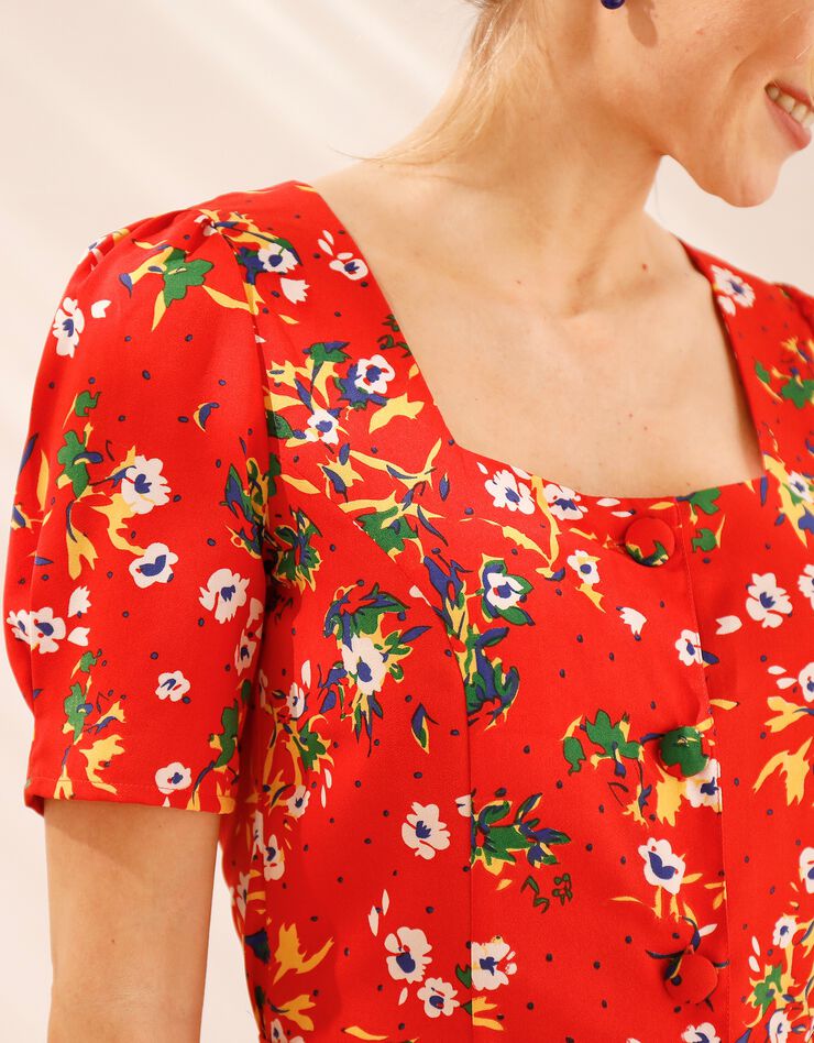 Robe col carré imprimée fleurs, crêpe (rouge / blanc) Robe col carré imprimée fleurs, crêpe (rouge / blanc)