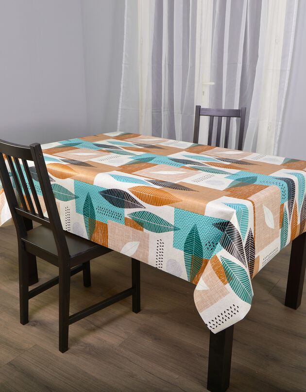 Nappe toile cirée imprimé patch feuilles (marron / turquoise)