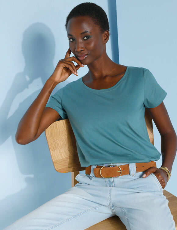 T-shirt col rond manches courtes uni coton (vert grisé)