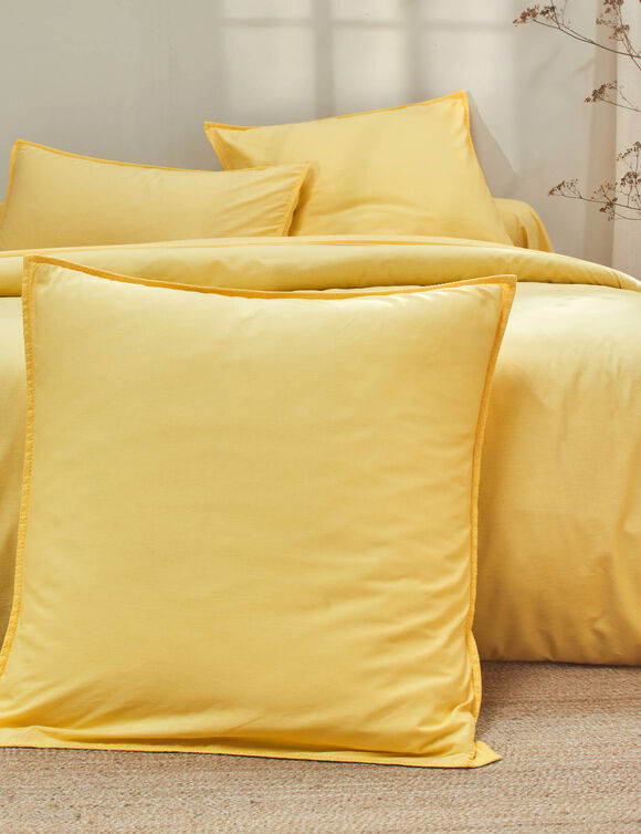 Linge de lit uni coton lav&eacute; (jaune)