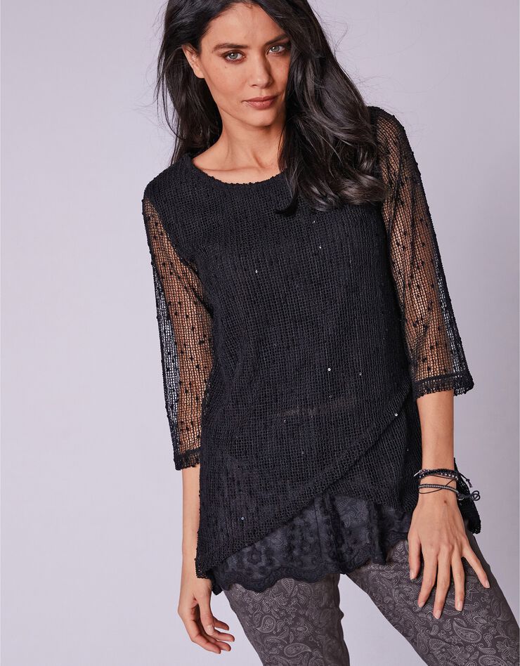 Pull fantaisie effet 2en1 manches 3/4 (noir) Pull fantaisie effet 2en1 manches 3/4 (noir)