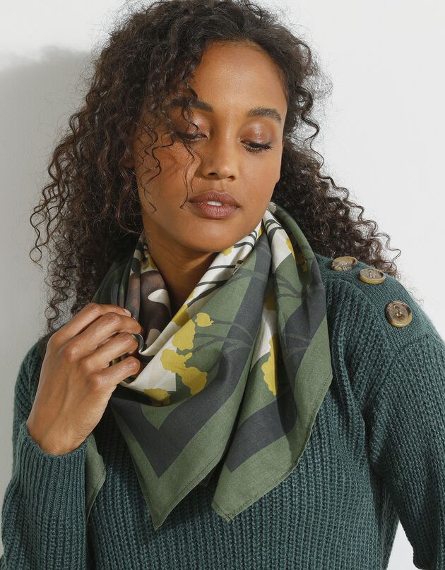 Foulard fabriqué en France imprimé oiseaux 100 x 100 cm - coton (bronze / vert)