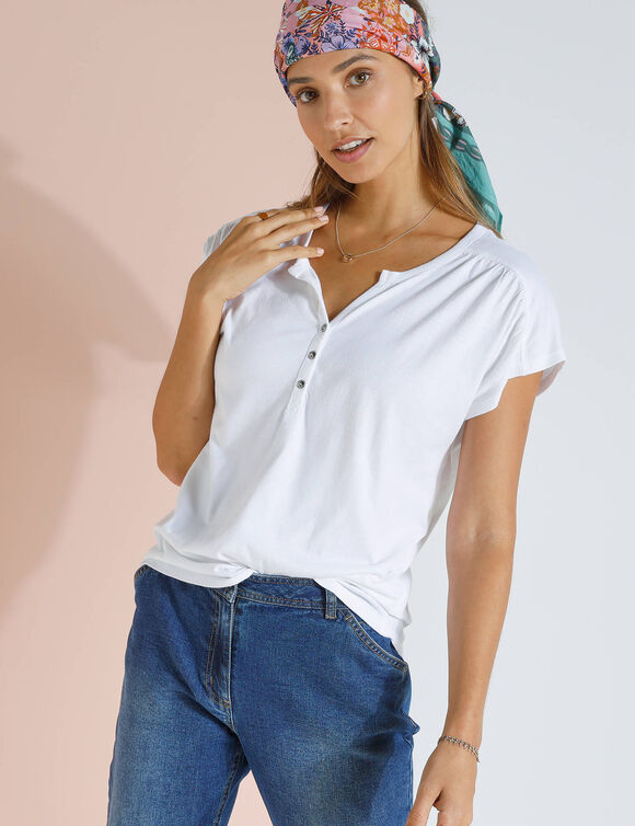 Tee-shirt col tunisien manches courtes, uni (blanc)