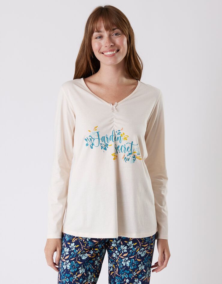 Tee-shirt pyjama manches longues imprimé placé "jardin secret" (écru) Tee-shirt pyjama manches longues imprimé placé "jardin secret" (écru)