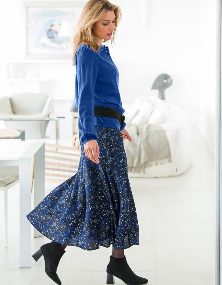 Pull ajouré col tunisien boutonné (bleu) Pull ajouré col tunisien boutonné (bleu)