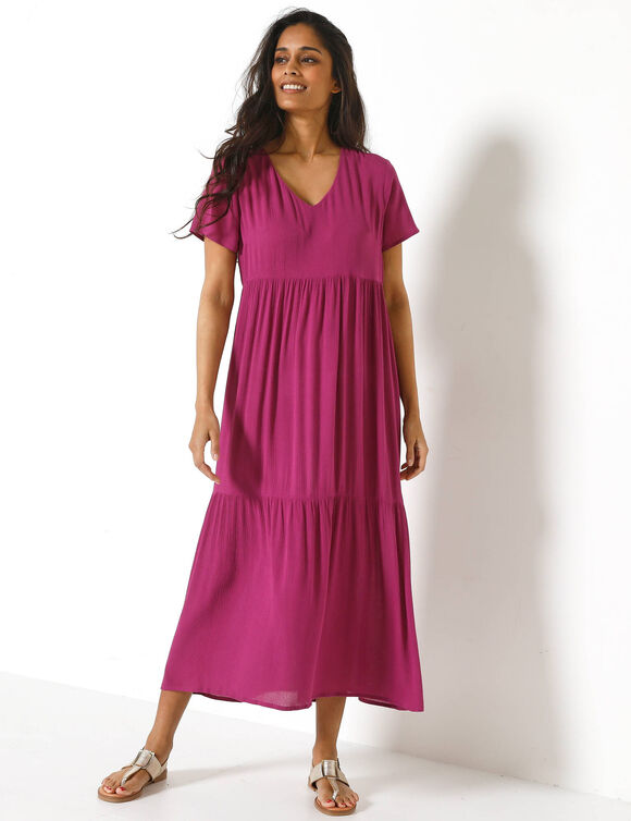 Robe col V longue unie, cr&eacute;pon (violine)