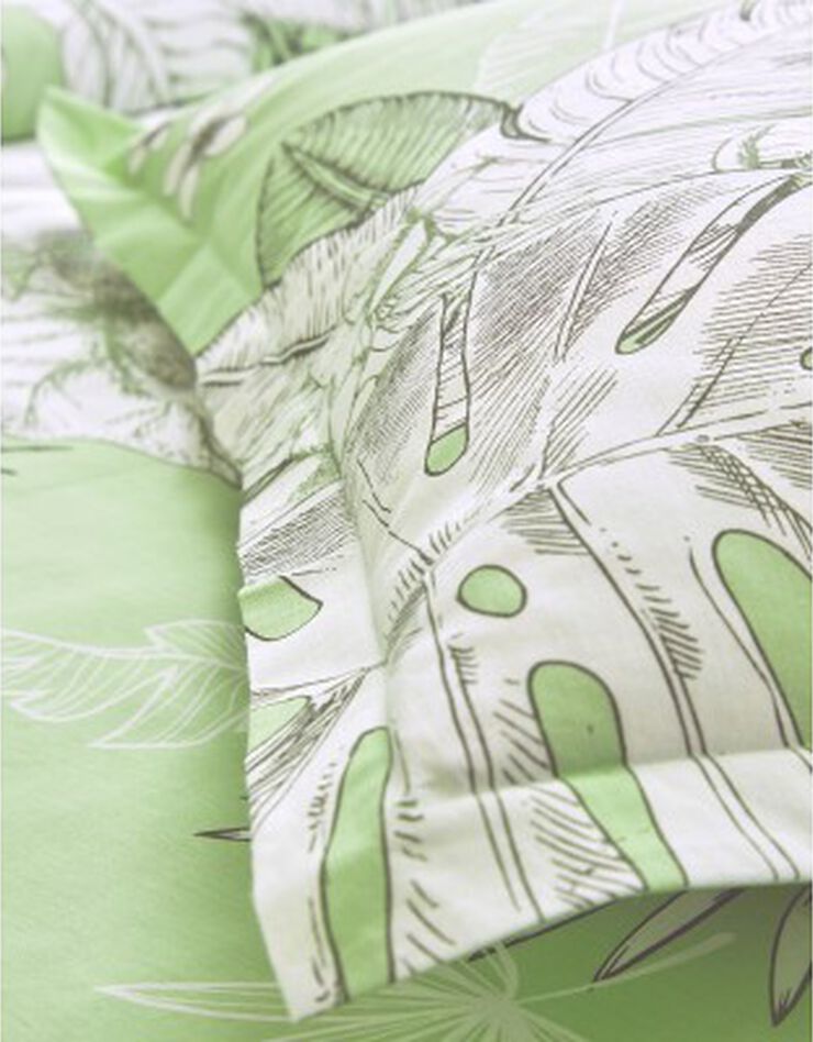 Linge de lit Elyse en coton imprimé fleurs et feuilles de palmes (vert d'eau)