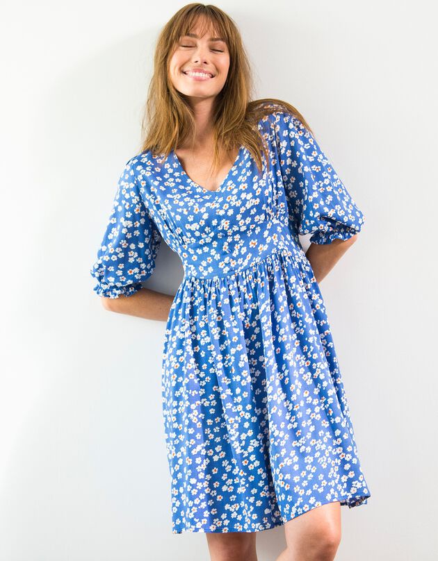 Robe imprimée col V base évasée (bleu / écru)